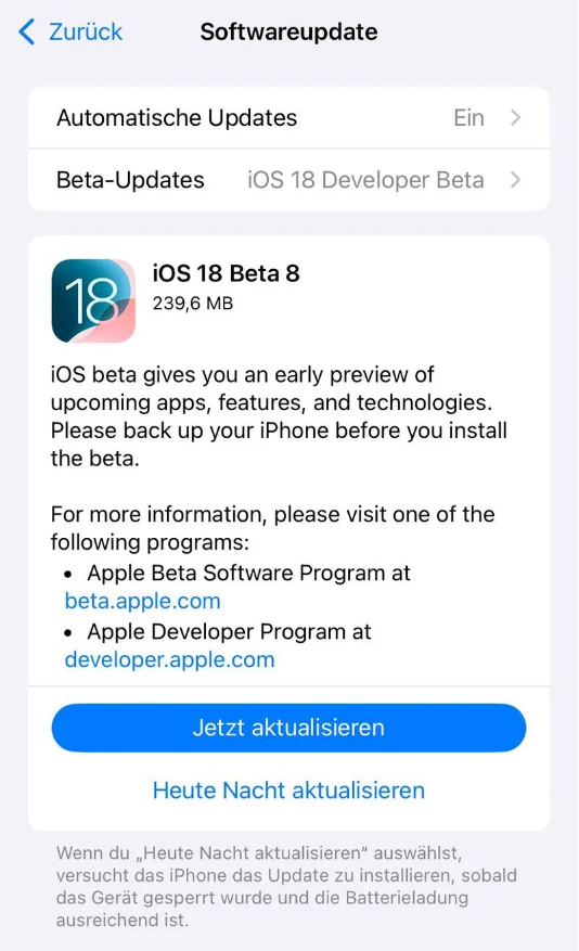 睢阳苹果手机维修分享苹果 iOS / iPadOS 18 开发者预览版 Beta 8 发布 